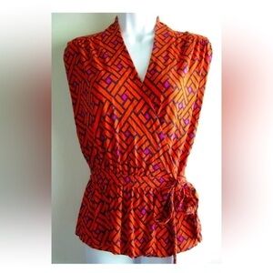 GUC C WONDER ORANGE NAVY LATTICE WRAP SLEEVELESS JERSEY BLOUSE vibrant TOP SZ S